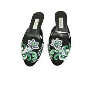Oscar de la Renta Womens Black Canvas Bead Embroidered Mules Size 37
